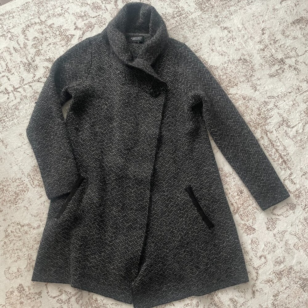 Jones & Co Gray Herringbone Wool Blend Cowl Neck Coat Asymmetrical Button Jacket